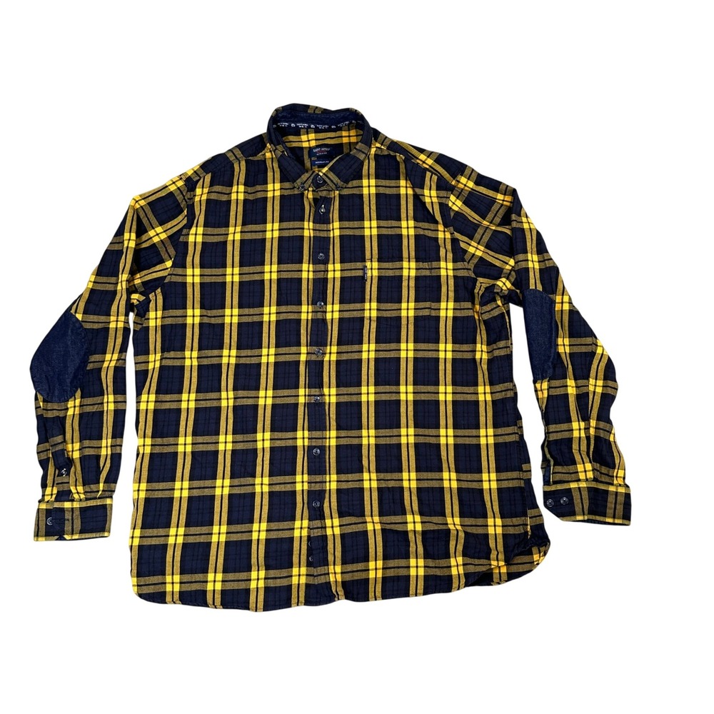 Saint James Mens 3XL Yellow Navy Blue Plaid Flannel Shirt Elbow Patches